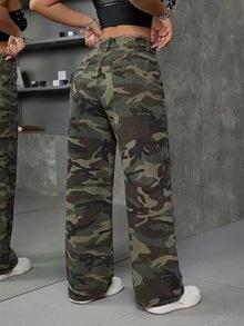 Jeanoix 女款迷彩口袋V型低腰牛仔褲 - 軍綠色 - 查看 2