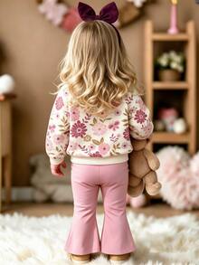 Baby Girl Autumn/Winter Cute Sweet Floral Butterfly Print Long Sleeve Crew Neck Sweatshirt And Flare Pants 2 Pieces Set, Cozy Fall & Winter Styles - Multicolor - View 2