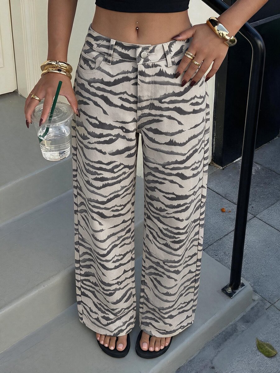 SHEIN Tall 女款斑馬紋口袋直筒休閒牛仔褲 - 彩色 - 查看 1