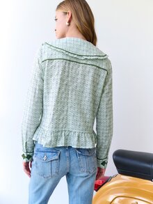 Nöista 女款條紋前開扣襯衫，附荷葉邊下擺 - 軍綠色 - 查看 3