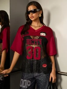 Betty Boop x SHEIN Women's Letter Cartoon Print Lace Patchwork Casual Daily T-Shirt - Red - View 3