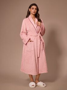 Lazeform Dual Pocket Shawl Collar Belted Flannel Lounge Robe - Pink - View 3