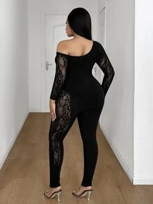 Maweii Plus Size Women's Contrast Lace One Shoulder Long Sleeve Cutout Design Fashion Sexy Jumpsuit - Black - View 6