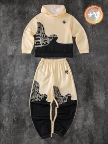 SHEIN 兒童青少年男孩休閒大字母與葉子圖案連帽衛衣與運動長褲套裝，適合秋冬、學校、家庭聚會，秋季穿搭，冬季穿搭，男孩套裝 - 卡其色 - 查看 3