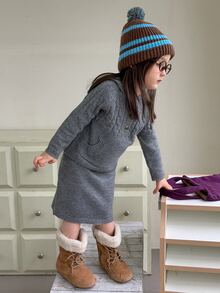 Dazy Kids Infant/Toddler (Girl) Hooded Solid Color Korean Style Sweater Set, Autumn/Winter - Grey - View 4