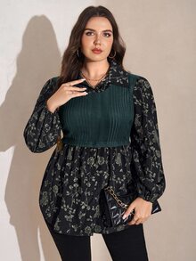 SHEIN LUNE 大尺碼女款休閒花卉拼接上衣 感恩節 新年 冬季狂歡 秋季 - 棕色 - 查看 5