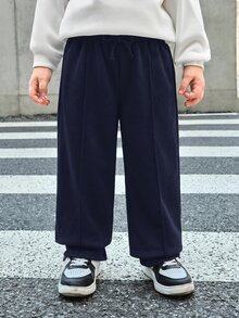SHEIN Bubblio 兒童小男孩純色抽繩腰寬腿寬鬆休閒運動長褲 - 藏蓝色 - 查看 5
