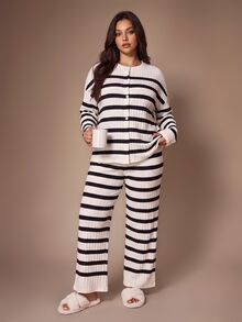 Lazeform Ultra Soft Ribbed Plus Size Pajama Set Button Striped Casual Loungewear - Black and White - View 3