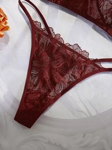 Crystal Vow 2件組女性性感蕾絲內衣套裝 - 酒紅色 - 查看 5