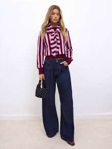 Nöista Vertical Stripes Round Neck Knit SWEATER - Purple - View 1