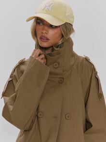 MUSERA Áo khoác dáng trench dáng rộng ngắn, cổ cao, hai cúc trước, mặc hàng ngày cho mùa thu đông - Màu nâu Sô-cô-la - Xem 5
