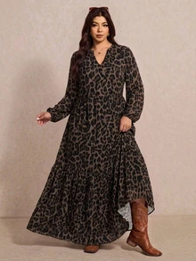 Elaquor Đầm dài màu nâu họa tiết da báo phong cách vintage size lớn, mùa Thu/Đông - Nhiều màu - Xem 5