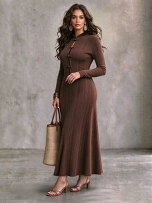 Linhara CURVE Plus Solid Rib-Knit Frog Button Front Dress - Brown - View 7