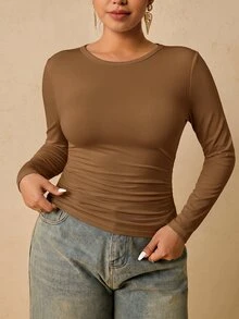 Freevana 大尺碼女款全白長袖圓領保暖內搭衫 腰部抓皺收腹 T-Shirt 秋季上衣 寬鬆 度假休閒 正式穿搭 - 鏽棕色 - 查看 1
