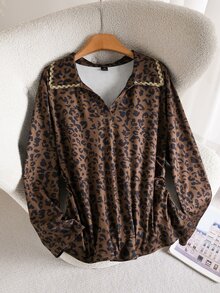 CosyJoli Plus Leopard Print Contrast Trim Tee - Multicolor - View 1