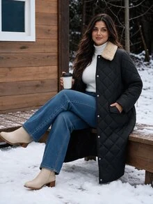 Easura Plus Size Women's Plush Patchwork Casual Versatile Winter Padded Coat - Black - View 3