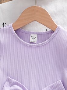 SHEIN 女童編織花卉蝴蝶結圖案方領荷葉邊休閒上衣 - 紫色 - 查看 3