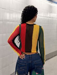 Jeanoix Colorblock Hollow Out Crop Sweater Without Bra - Multicolor - View 2