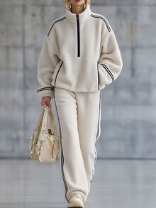 LUMIGAL Fall Winter Contrast Binding Drop Shoulder Teddy Sweatshirt & Pants Set - Beige - View 3