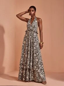 JIAN LASALA Knit Halter Neckline Sleeveless Ruffle Double Layers Hemline Long Dress Elegant Vacation - Multicolor - View 5