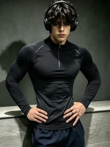 RISE LYT 男士立領半拉鍊落肩袖修身運動T恤，健身房穿搭 - 黑色 - 查看 1