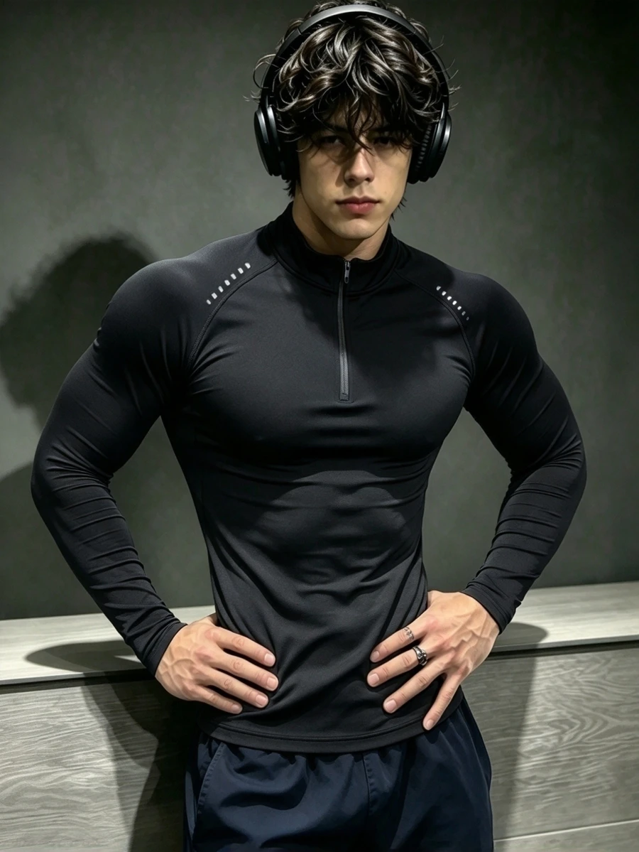 RISE LYT 男士立領半拉鍊落肩袖修身運動T恤,健身房穿搭 - 黑色 - 查看 1