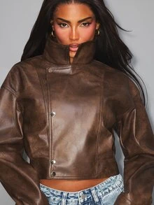 NYA SZN Project NYA INSTINCT Jacket Double Breasted Collared Everyday Luxury Basic Chic Cute Casual Festival Going Out Animal Print Leopard Brown Fall Winter - Brown - View 1
