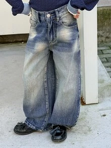 Dazy Kids Tween Girl) Washed Design Straight Leg Jeans, Distressed Basic Style, Autumn/Winter - Dark Wash - View 6
