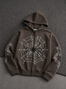 Manfinity RebelGame Áo hoodie nam dáng rộng in họa tiết mạng nhện, khóa kéo, không kèm áo thun - Cà phê nâu - Xem 1
