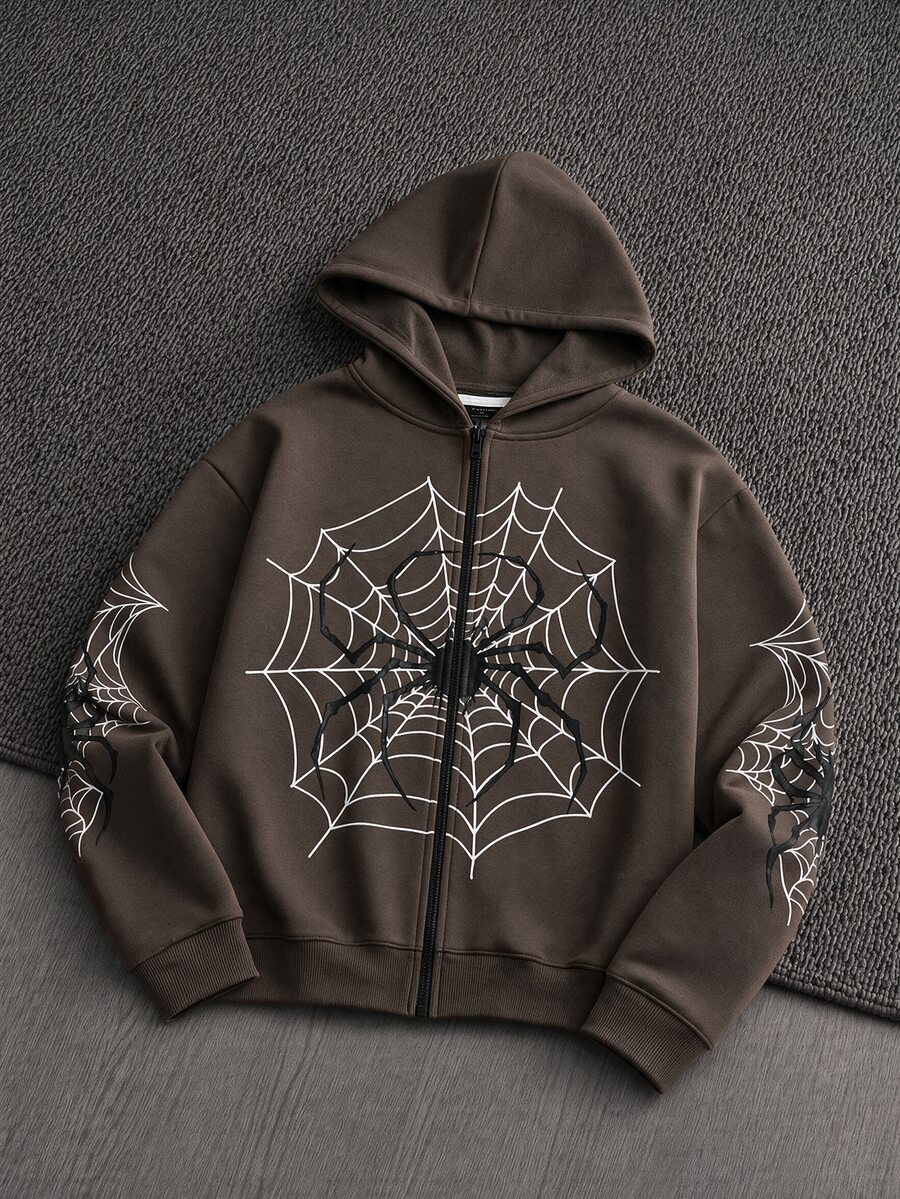 Manfinity RebelGame Áo hoodie nam dáng rộng in họa tiết mạng nhện, khóa kéo, không kèm áo thun - Cà phê nâu - Xem 1