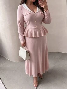 Modelyn Plus Contrast Shawl Collar Peplum Top & Flare Skirt Set - Pink - View 4