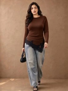 Juhart Plus Size Autumn/Winter Casual Elegant Round Neck Asymmetrical Ruffle Hem Long Sleeve T-Shirt - Coffee Brown - View 3