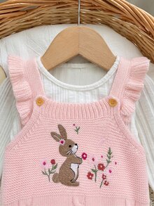 SHEIN Romper Bayi Perempuan, Romper Berkaki, Motif Kelinci dan Bunga Bordir, Celana Panjang Musim Gugur/Dingin, Romper Merah Muda Cocok untuk Romper Bayi dengan Tali Bahu, Pilihan Pakaian Sehari-hari yang Lucu - Berwarna merah muda - View 4