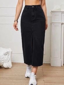 SHEIN EZwear 女款高腰口袋開衩休閒牛仔裙 - 黑色 - 查看 3