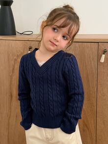 Hapijoa Young Girl Solid Color V-Neck Long Sleeve Cable Knit Sweater - Navy Blue - View 7