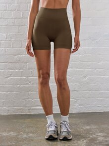 Musera Sport 羅紋高腰無縫修身運動短褲，適用板式網球、網球、匹克球、健身房健身、瑜伽、皮拉提斯、日常休閒夏季穿著 - 摩卡棕 - 查看 1