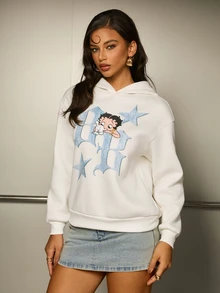 Betty Boop x SHEIN Women's Cartoon Print Long Sleeve Casual Sweatshirt Sweatshirt Betty Boop - White - View 3