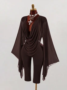 Amplova Women's Dark Brown Vintage 2 Pieces Set, Deep V-Neck Top And 3/4 Length Pants, Sexy Style, Suitable For Fall/, Dating Going Out Club And Daily Wear - Brown - View 6