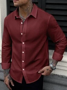 Manfinity CasualCool 男士輕商務風百搭白色棉質紋理長袖襯衫，成熟休閒通勤多功能辦公穿搭 - 紅色 - 查看 6