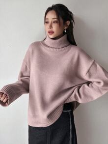 DAZY 女款秋冬百搭休閒純色高領毛衣 - 淡紫色 - 查看 4