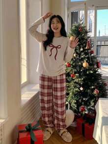 Livesso Bow Print Drop Shoulder Tee & Plaid Tapered Pants Pajama Set - Khaki - View 3