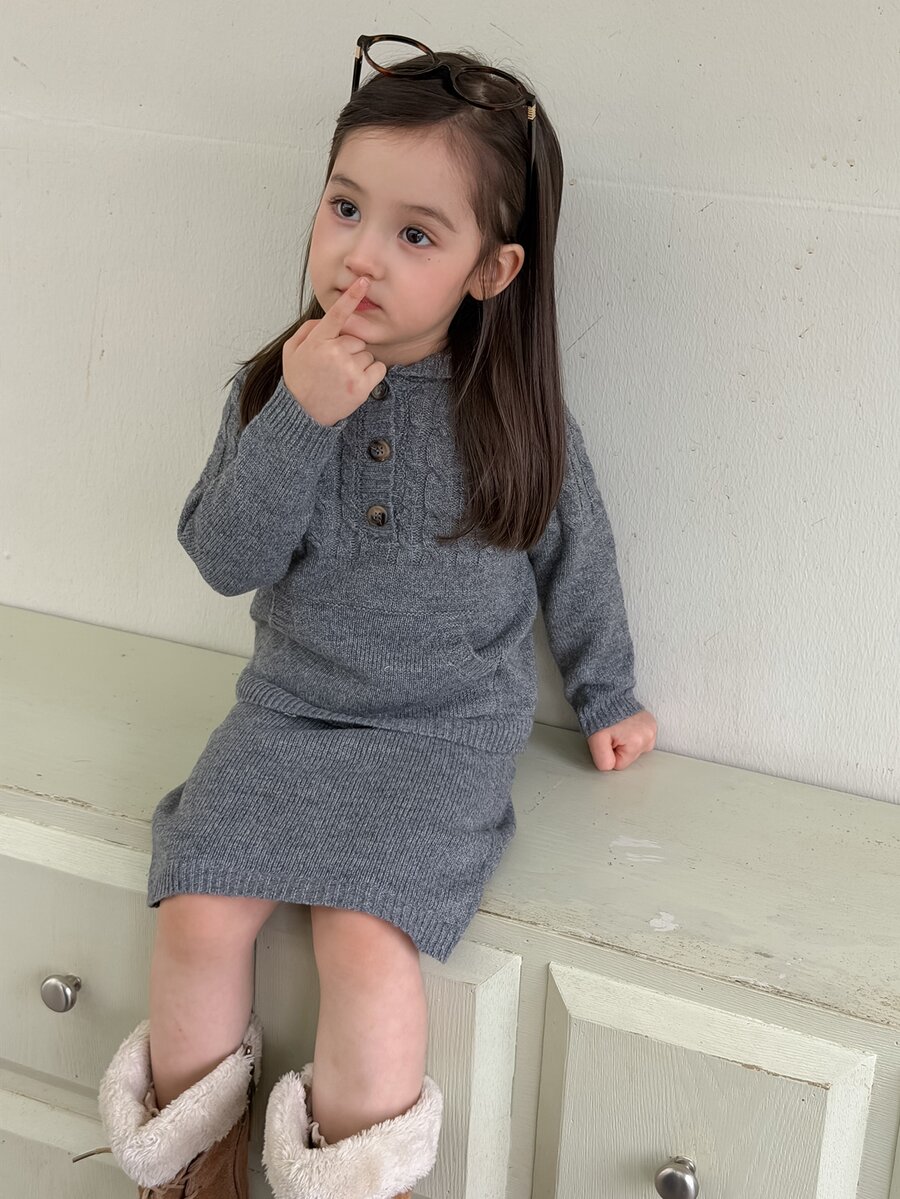 Dazy Kids Infant/Toddler (Girl) Hooded Solid Color Korean Style Sweater Set, Autumn/Winter - Grey - View 1