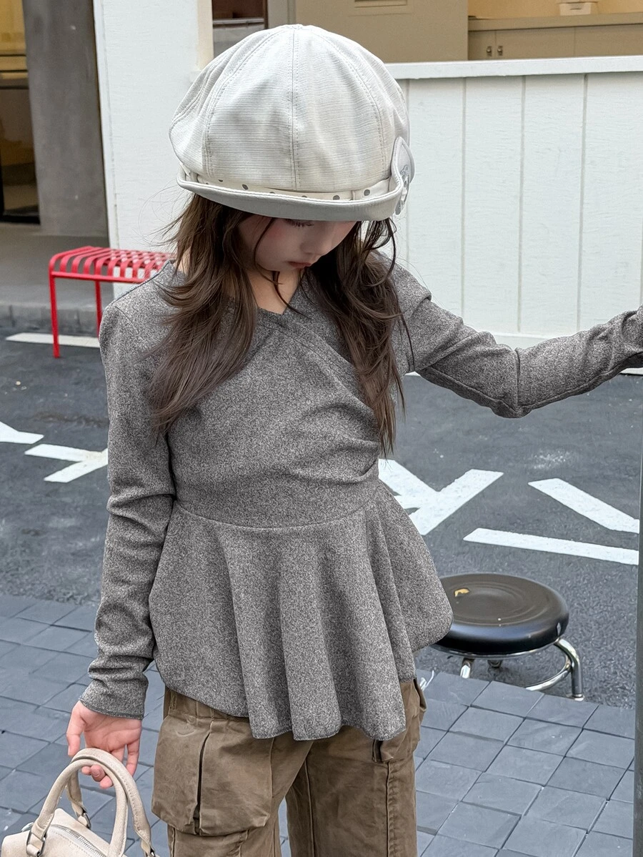Dazy Kids Tween Girl Solid Color Casual Versatile Daily Long Sleeve T-Shirt - Grey - View 1