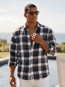 Ocevento Men's Plaid Casual Versatile Daily Wear Shirt - Black and White - View 4