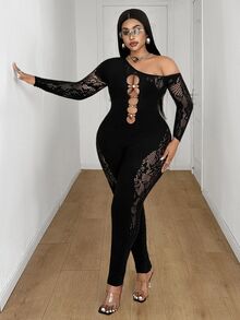 Maweii Plus Size Women's Contrast Lace One Shoulder Long Sleeve Cutout Design Fashion Sexy Jumpsuit - Black - View 5