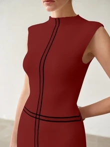 MOTF PREMIUM Vestido de suéter elegante con abertura y ribete de contraste para mujer - Burdeos - Ver 7
