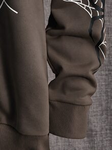 Manfinity RebelGame Áo hoodie nam dáng rộng in họa tiết mạng nhện, khóa kéo, không kèm áo thun - Cà phê nâu - Xem 6
