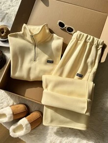 Comfortcana Plus Size Women Casual Home Wear Daily Outing Autumn/Winter Sweatshirt And Pants Set - Light Yellow - View 6