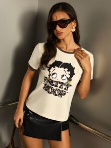 Betty Boop x SHEIN Women's Leopard Print Letter Graphic Short Sleeve Casual T-Shirt - Apricot - View 1