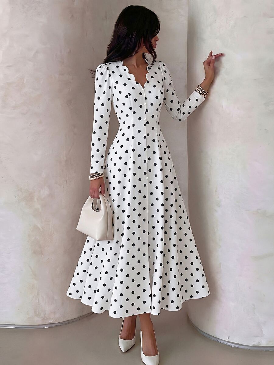 GlowEve Polka Dot Print V-Neck Scallop Edge Flare Hem Dress - Black and White - View 1